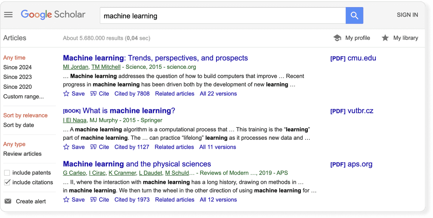 Google Scholar search results page